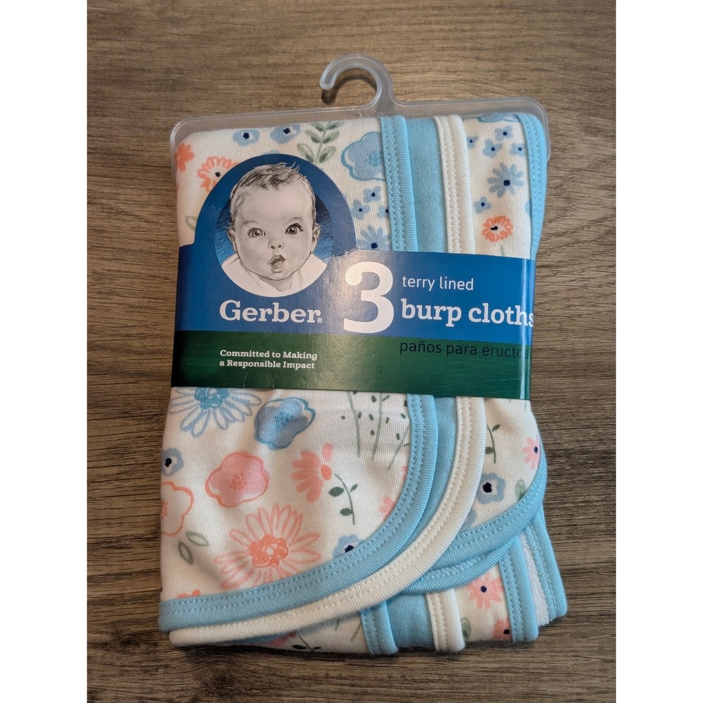 Gerber 3 Pack Terry Lined Cotton Burp Cloths Peach Blue Floral Hedgehog 7.5x19"